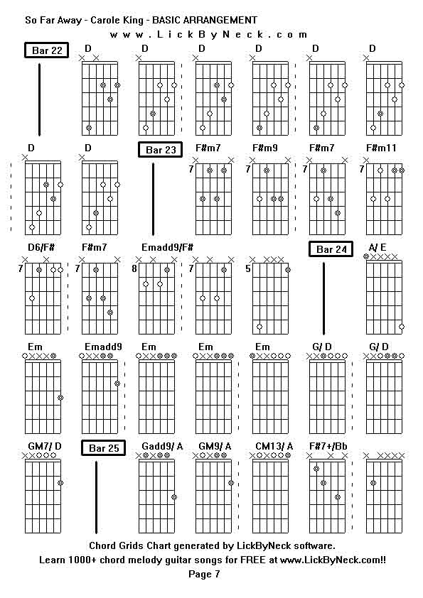 Chord Grids Chart of chord melody fingerstyle guitar song-So Far Away - Carole King - BASIC ARRANGEMENT,generated by LickByNeck software.